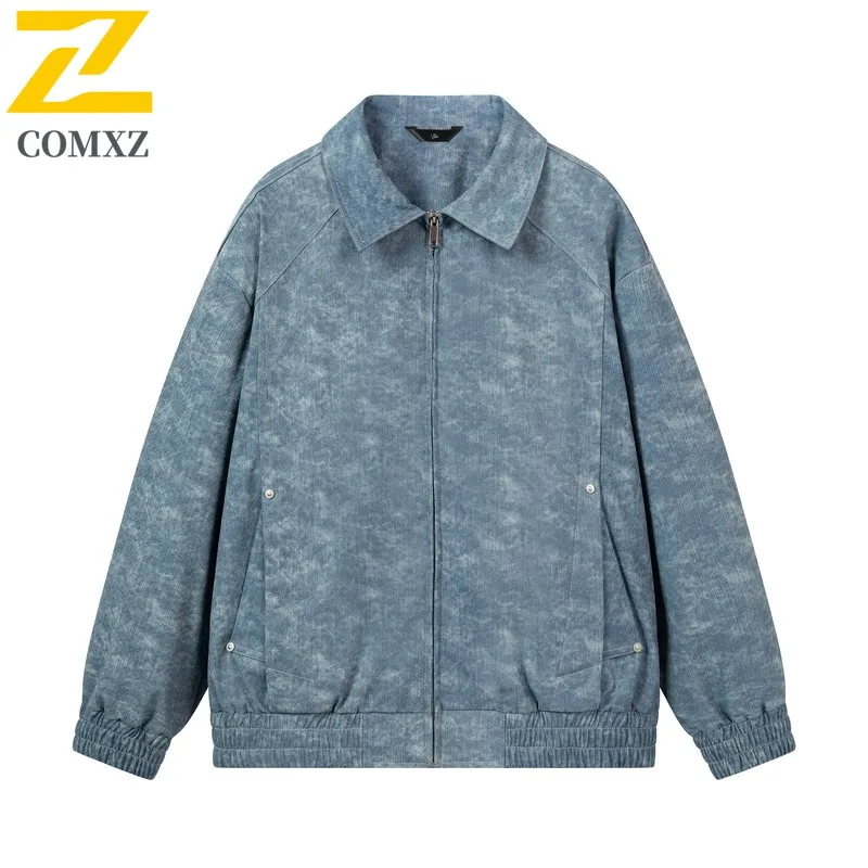 

COMXZ 2025 Stretch Denim Leather Jacket Men Spring Autumn Trendy Loose Fit Notch Lapel Youth Stylish Versatile Casual Coat