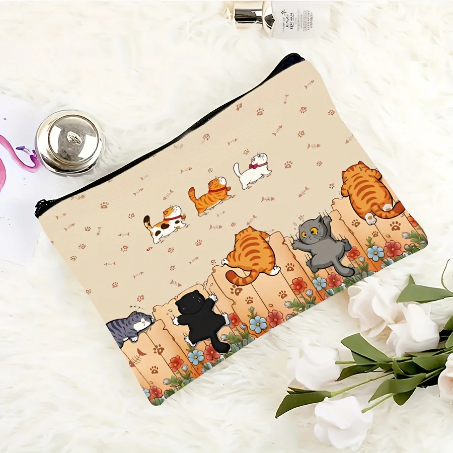 Cat-Themed Makeup Bag Cute Storage Pouch Featuring Little Cats And Paw Print Designs, Equipped with a Zipper Women's Clutches