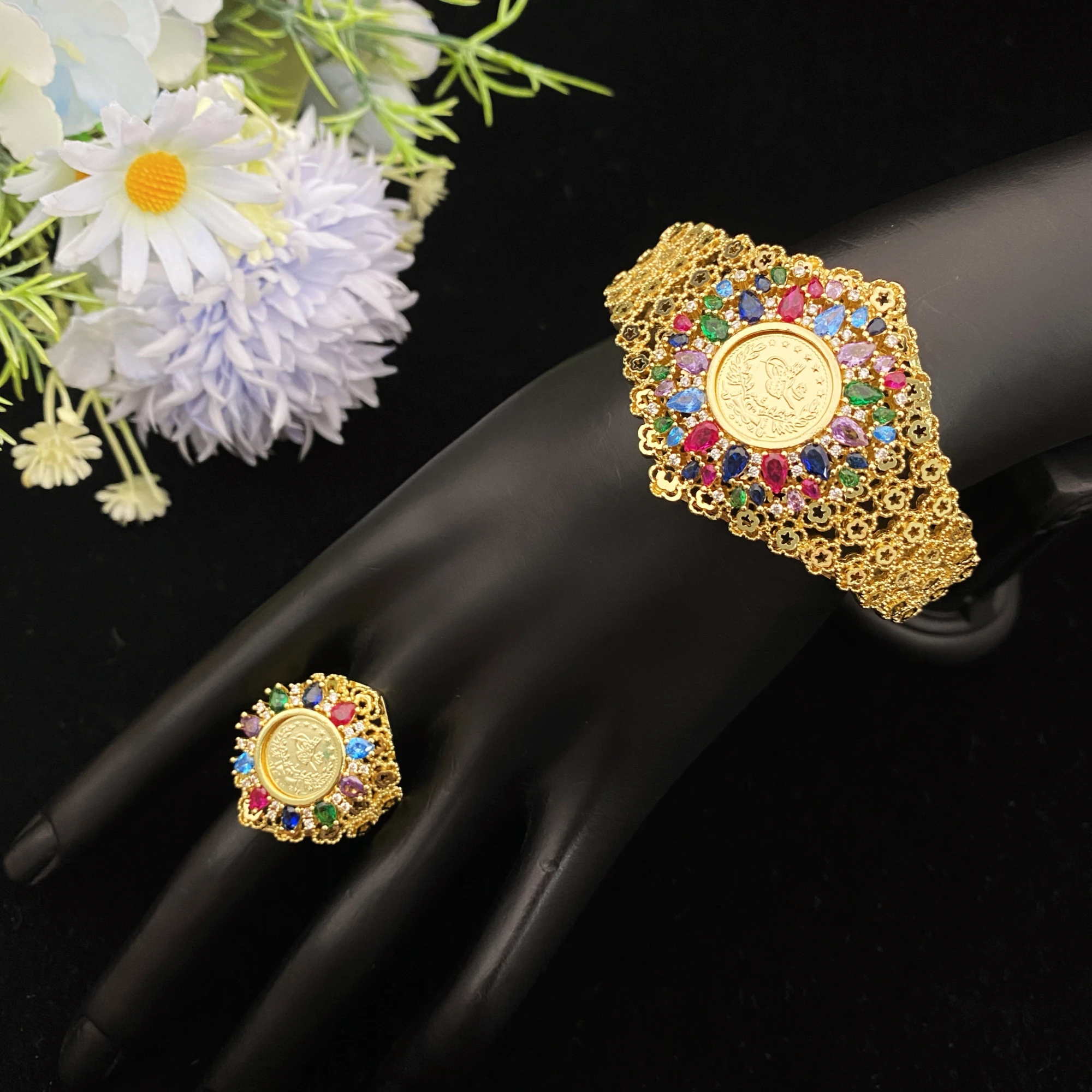 

JRH геометрический ажурный комплект из 2 предметов, кольцо-браслет, элегантное позолоченное кольцо в стиле бохо, штабелируемые ювелирные изделия, идеальный женский подарок