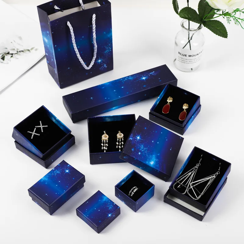 5pcs Creative Mysterious Blue Starry Set Jewelry Box Earrings Pendant Bracelet Bracelet Storage Box Gift Box Multi-size Optional