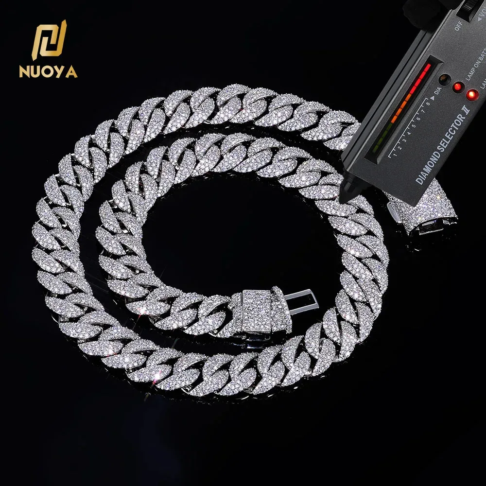 NUOYA New Style S925 Silver Moissanite 14mm Cuban Link Chain Hip Hop Jewelry Iced Out Full Diamond Chain Necklace Gift Men Women