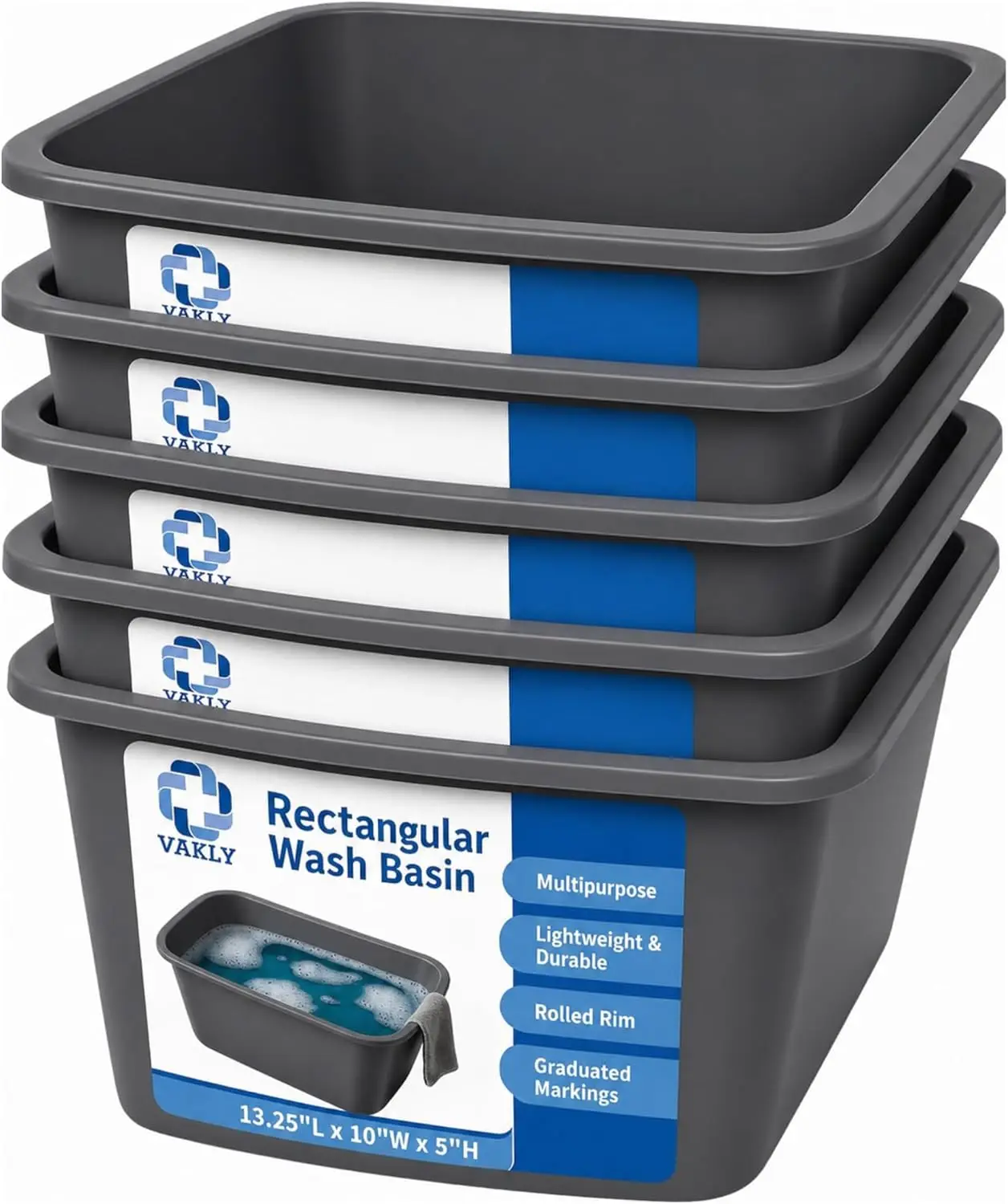 

Wash Basin 7-Quart [5 Pack] – Rectangular Plastic Tub with Graduated Markings for Face, Foot Bath, Laundry & Bedside Care