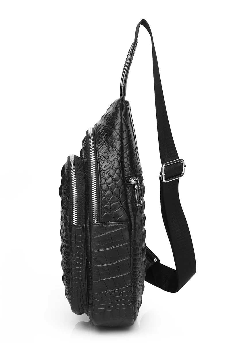 Schlatum 100% Rindsleder Männer Krokodil Narben Mode schwarz multifunktion ale Leder Brusttasche – Detail 9