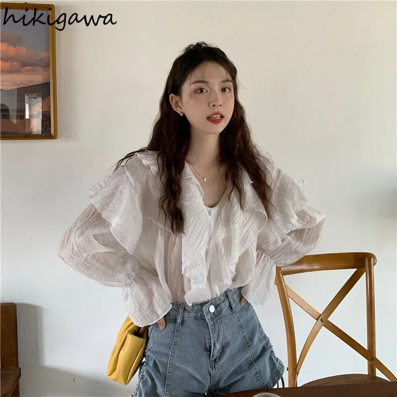 2024 Camisas De Mujer White Blouse Women\'s Clothing V-neck Long Sleeve Sweet Shirts Loose Fashion Summer Thin Blouses Tops 7o335