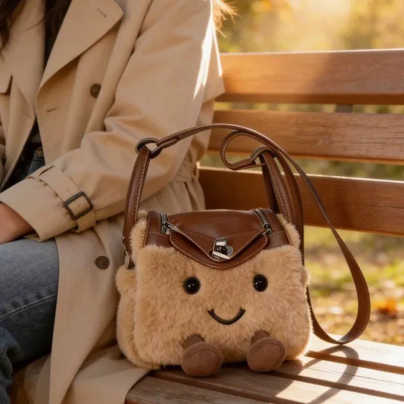 Ins Sweet Lovely Plush Handbag Women Brown Cartoon Large Capacity Shoulder Bag Ladies Patchwork Crossbody Bag Winter New Arrival