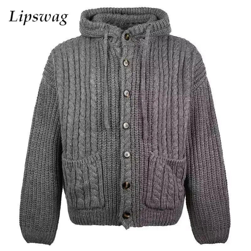 

Стильные мужские кардиганы на пуговицах с капюшоном, винтажные текстурированные однотонные вязаные кофты с длинным рукавом, повседневные мужские вязаные свитера