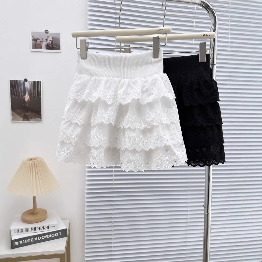 2026 Summer New Lace Crochet Layer Cake Skirt Female Design Lotus Leaf White Skirt for Women