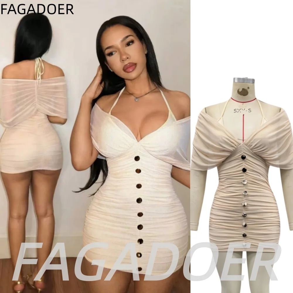 

FAGADOER Sexy Mesh Ruched Bodycon Mini Dress Hot Girl Apricot Off Shoulder Hip Bag Dress Summer Streetwear Party Club Vestidos