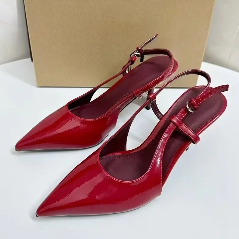 

Patent Leather High Heels Office Lady Shoes Buckle Strap Pointed Toe Summer Luxury Designer Slingbacks Wedding Women Sandals