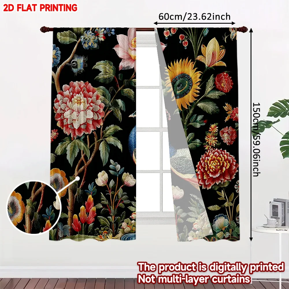 Sunflower Peony Curtains  Vibrant Yellow Pink Blooms with Green Leaves Peacock Feather on Black Background for Bold Living Room