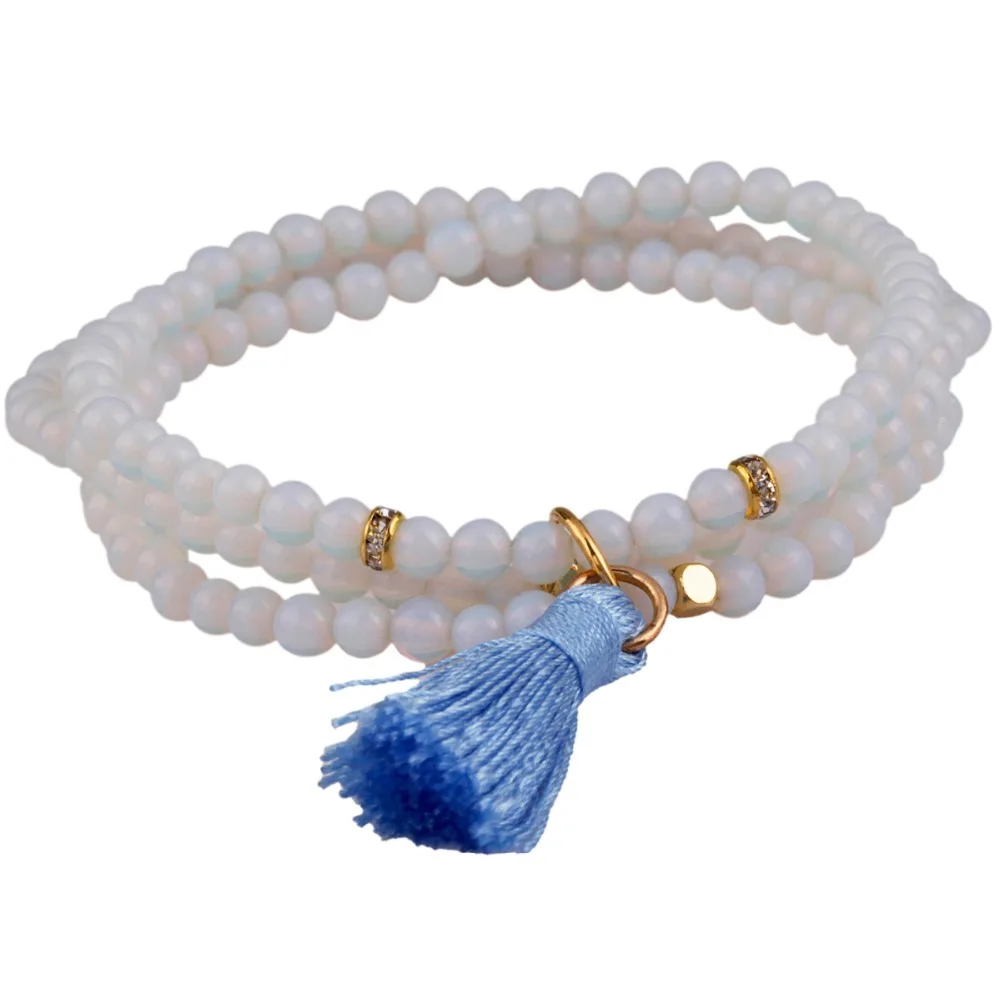 

SUNYIK Natural Opal Opalite Stone Beads 4mm 3 Layers Beaded Ethnic Customs Bracelet With Charm Tassel Jewelry For Women Men Gift