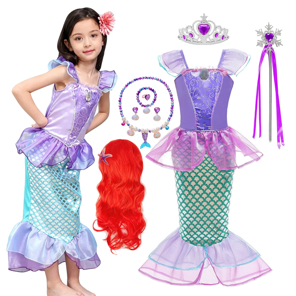 Halloween Girls Mermaid Princess Dress Fish Tail Costume Purple Green Scale Pattern For Kids Birthday Carnival Party Dress Up