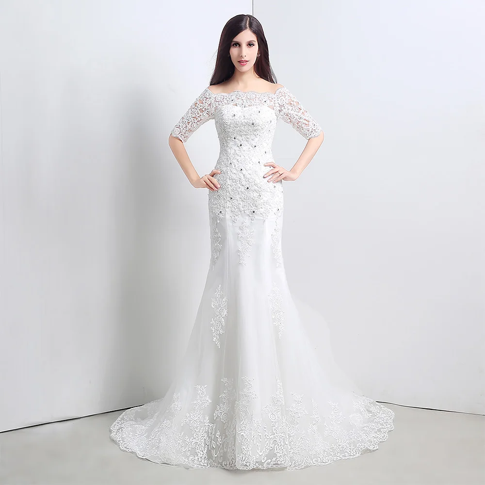 

Temperament and High Quality Beading Crystal Appliques Wedding Dresses Mermaid Tulle Lace Up Back Sweep Train Custom Made Gowns