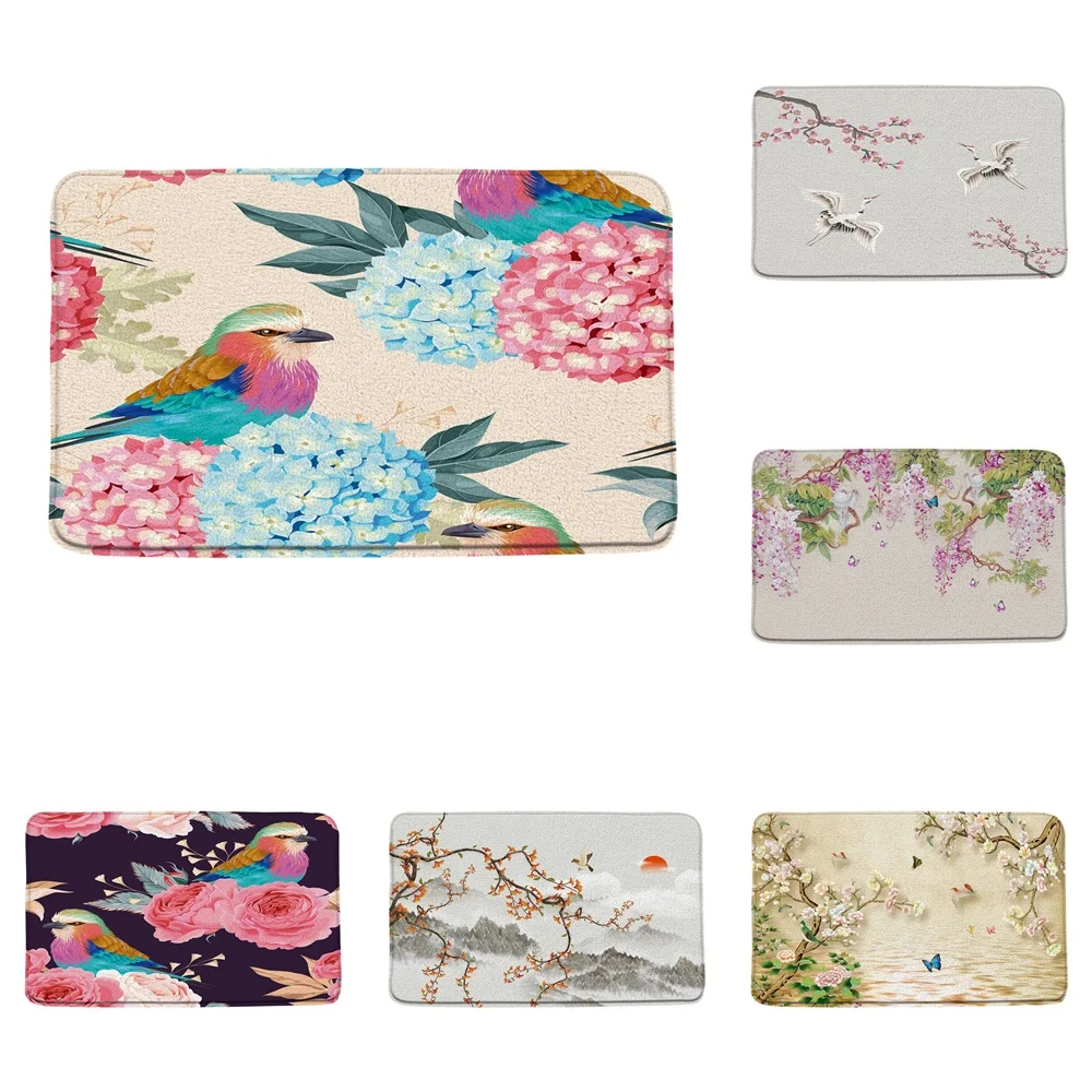 

Hydrangea Bird Bath Mat Chinese Style Flower Butterfly Crane Scenery Art Flannel Bathroom Decor Rug Carpet with Non Slip Backing