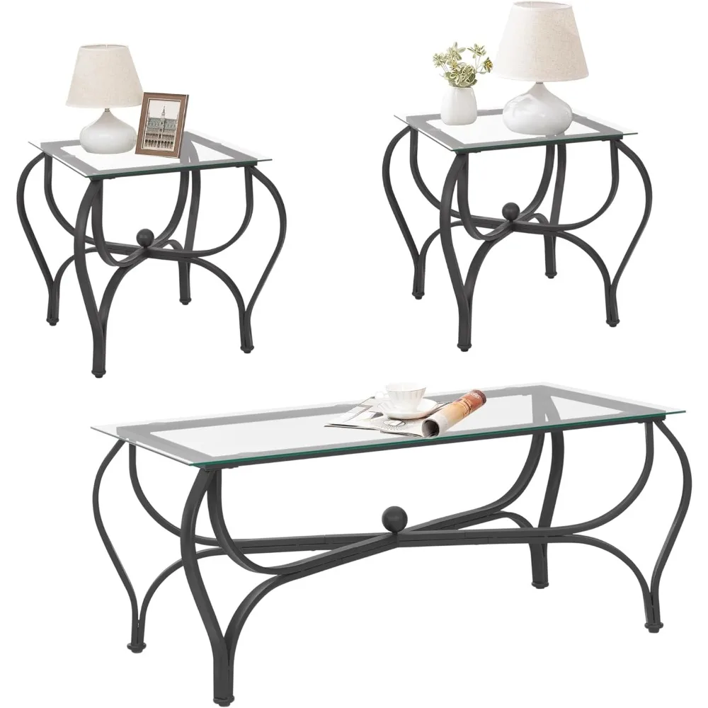 3-Piece Coffee Table Set, Tempered Glass Surface Living Room Sets, Coffee Table & 2 End Side Table, Metal Frame for Living Room,