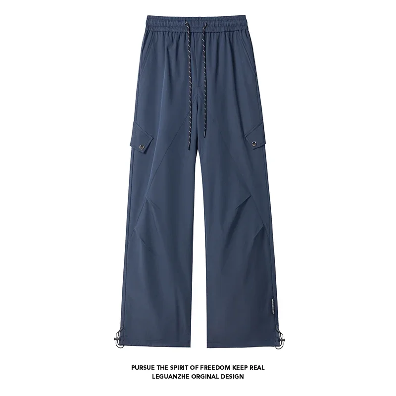Men Casual Drawstring Wide Leg Cargo Pants Side Snap Button Pocket Adjustable Ankle All Match Daily Outdoor Long Trousers