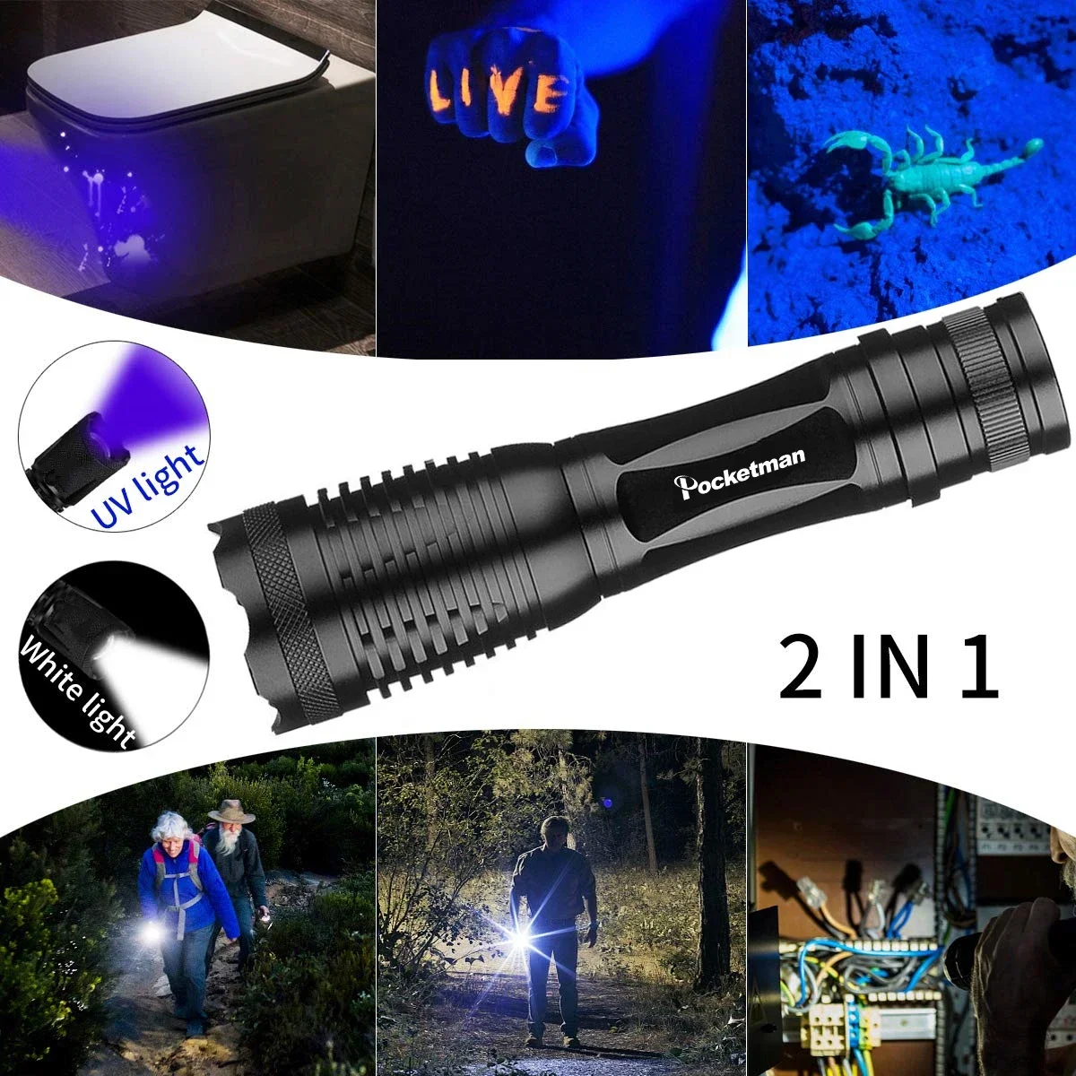 2 in 1 UV Flashlight LED Linternas Torch 395nm Ultraviolet Urine Detector for camping Carpet Pet Urine Catch Scorpions