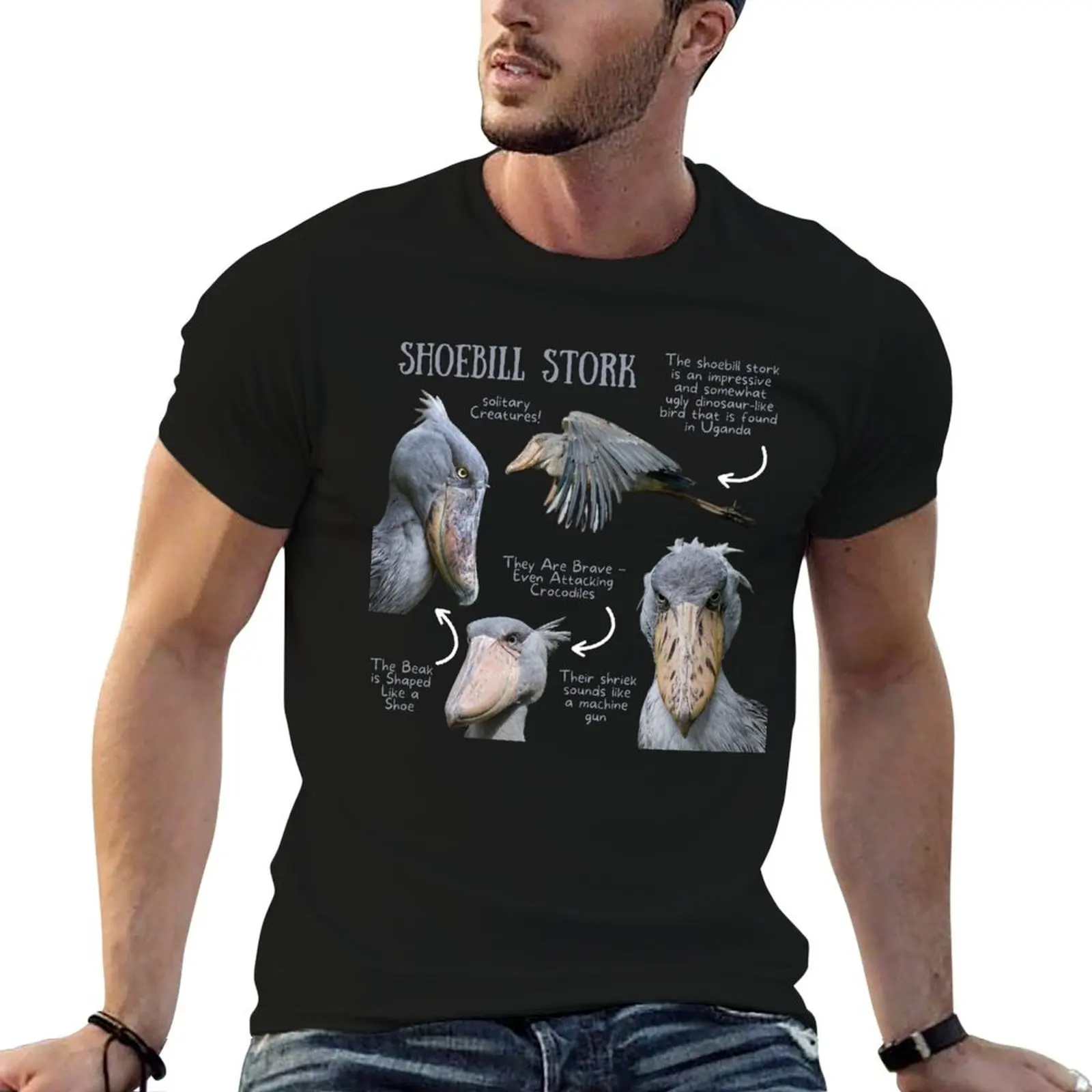 

man black Fun t-shirt T-Shirt summer Fact for shirt man package Shoebill plain cotton t Stork