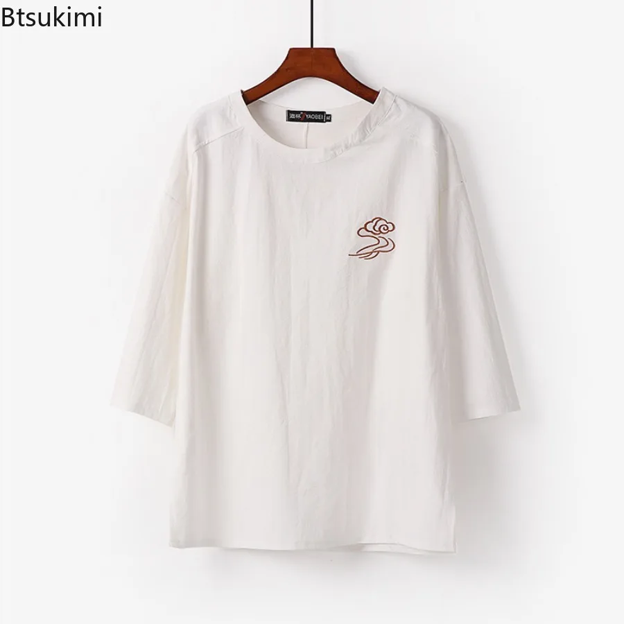 Summer Cotton Linen T-shirts for Men Chinese Style Embroidery Loose Casual O-neck Pullover Tops Men Vintage Tees Plus Size M-9XL