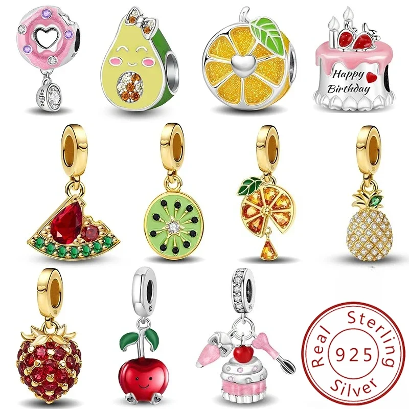 Charm-Anhänger aus 925er-Sterlingsilber, Donut, Kirsche, Ananas, Erdbeere, Kirsche, Kugel, geeignet für Armbänder, DIY-Damenschmuck