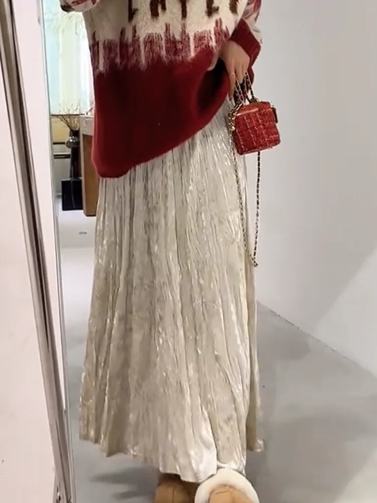 

New 2024 Women's Velvet f Skirt Loose Fit Flared Hem High Waist Slimming Drapey Pleated Long Skirt for Autumn Winter