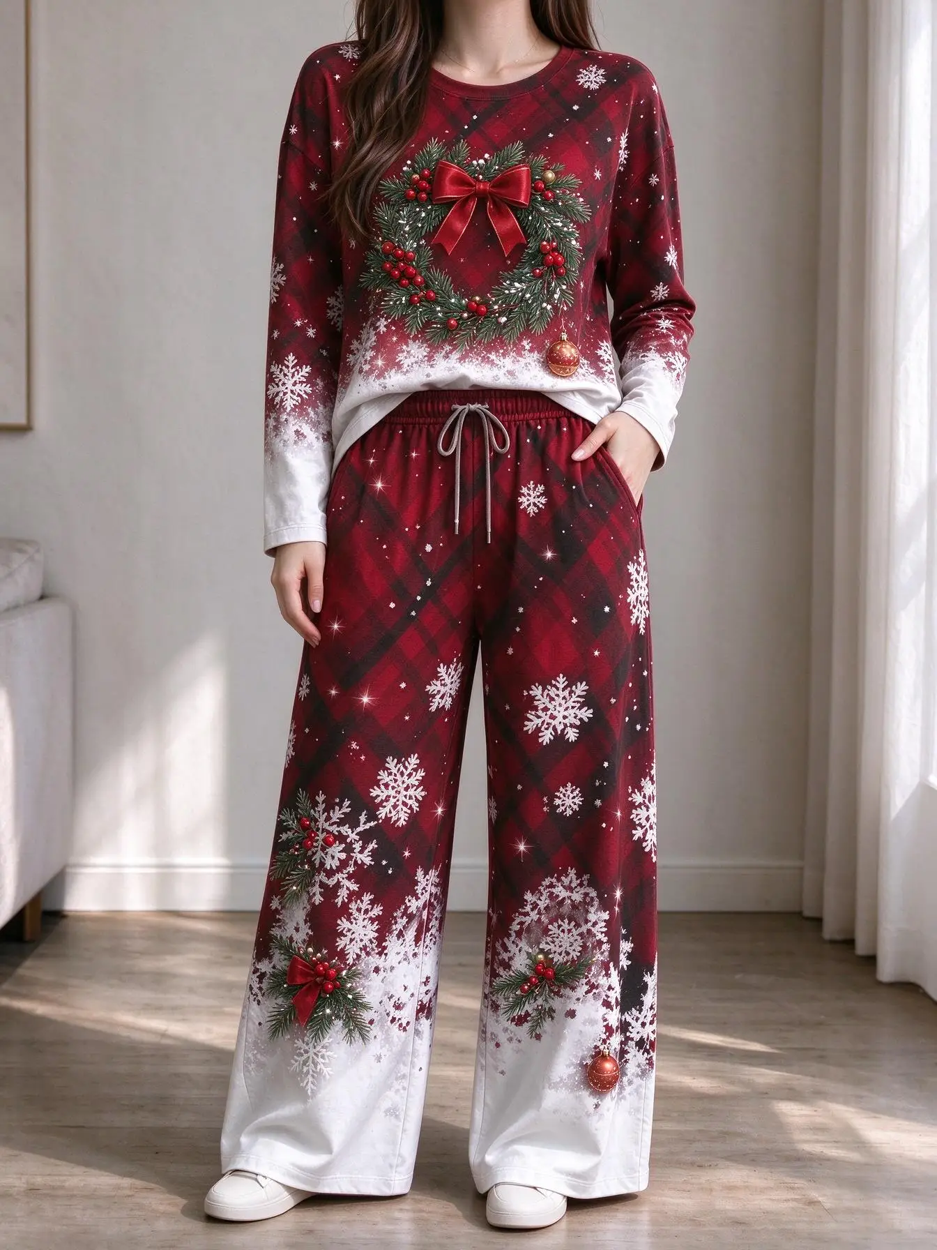 Women Imitation Cotton Loungewear Set Christmas Gradient Plaid Socks Candy Cane Snowflake All Over Print Long Sleeve Pajamas