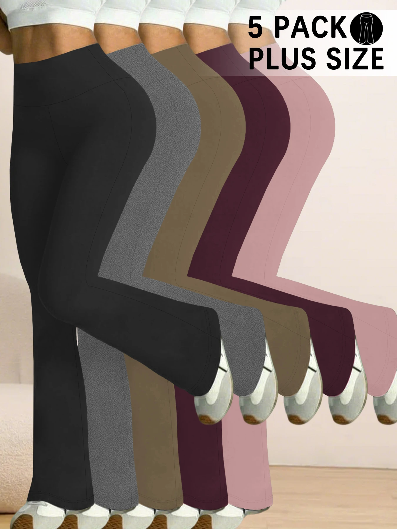 

5 Pack Plus Size Elegant women's high-waisted flared pants for yoga workout. Suitable for women leggings to use for leisure.