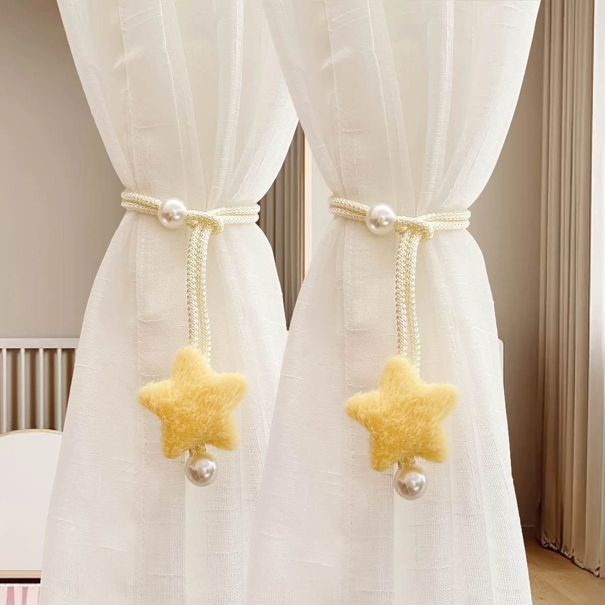 

2pcs Star Decorative Curtain Tie Back Rope, Faux Pearl Curtain Holder, Sheer Curtain Strap for Home Window Decor