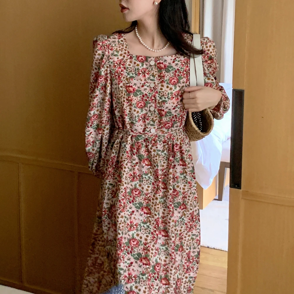 Korea Style Women Spring Long Floral Shirt Dress with Belt 2022 New Female Square Collar Puff Sleeve Midi Dresses