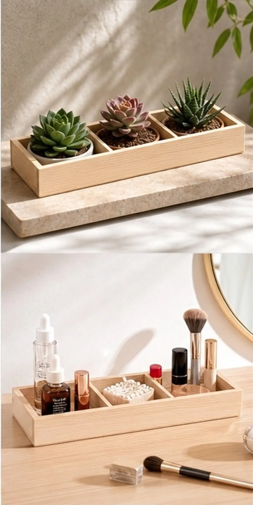 1Pcs Handcrafted Wooden Succulent Storage Tray 3 Divided Compartments Solid Wood Flowerpot Box for Plants Cosmetics Jewelry