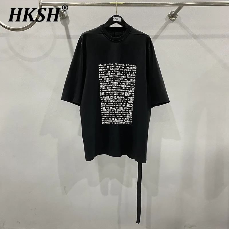 HKSH Spring Summer Men's Tide Dark Tees Letter Print Ribbon Cotton Vintage Punk Style Half Sleeve Long T-shirt Fashion HK1391