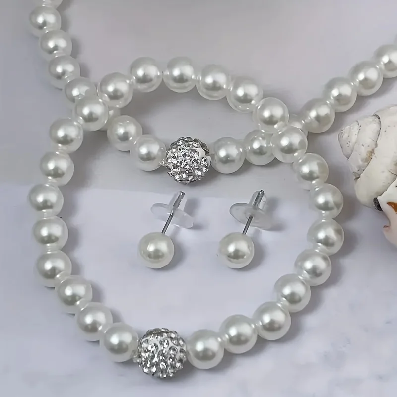 4Pcs Elegant Imitation Pearl Jewelry Set for Women Rhinestone Pearl Necklace Bracelet Earrings Kit Wedding Party Gift