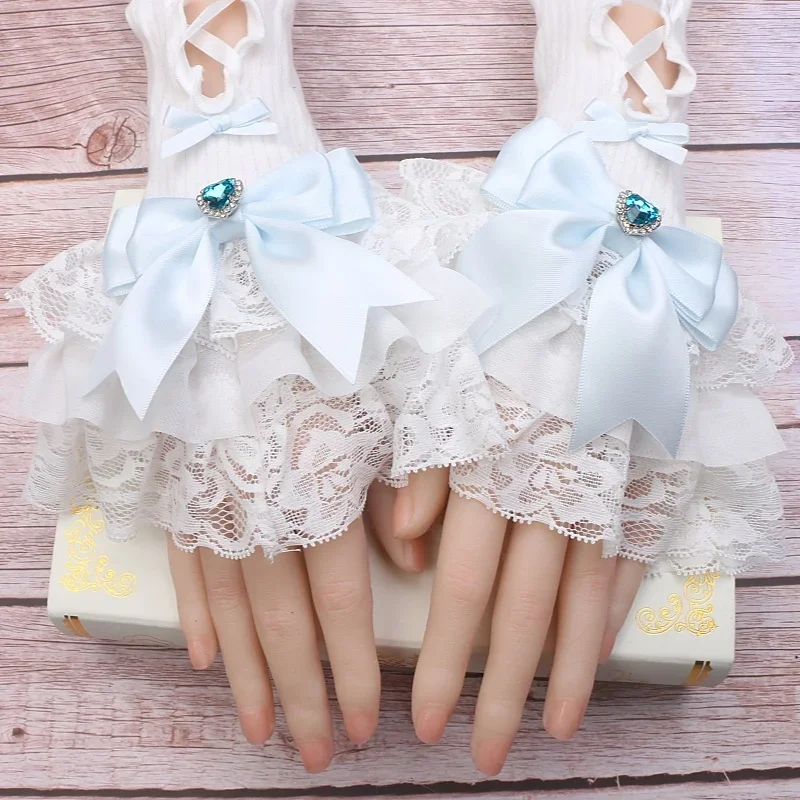 Handmade Sweet Women\'s Lolita Mine Lace Bow Rhinestone Oversleeves Girls Japanese Style Lace Sleeves Mittens