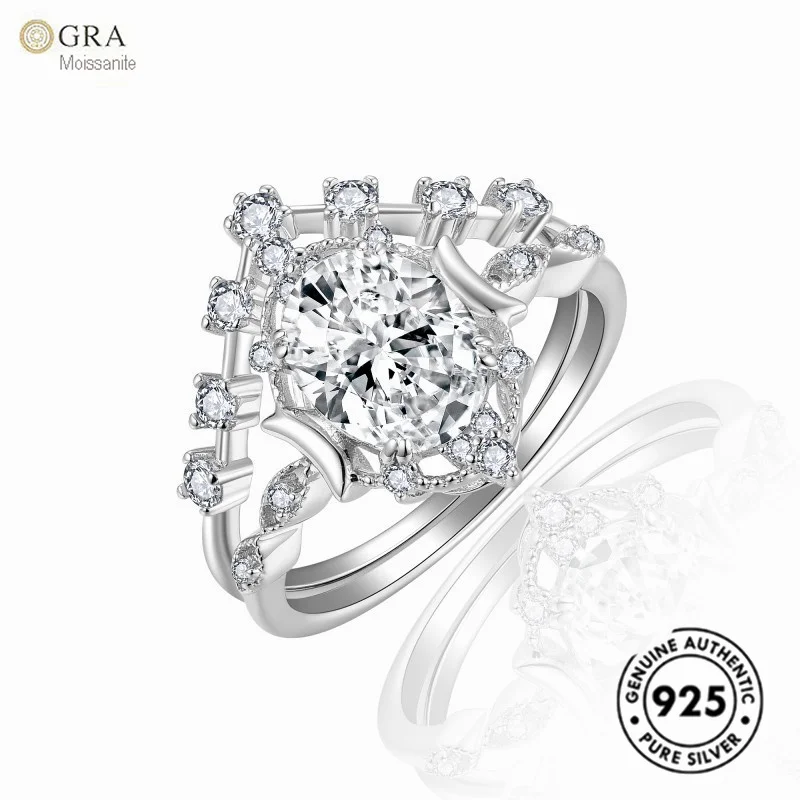 

2025 New Design Star And Moon Oval Facet 7*9mm 2ct Moissanite Diamond Layered Ring Sets Solid 925 Silver Engagement Ring Jewelry