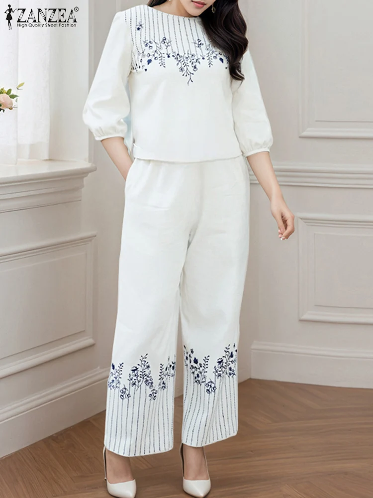 ZANZEA Frauen Breite Bein Hosen Sets Retro Gedruckt Bluse Hosen Elastische Taille Taschen Büro dame Anzüge 2025, Casual Passenden Sets