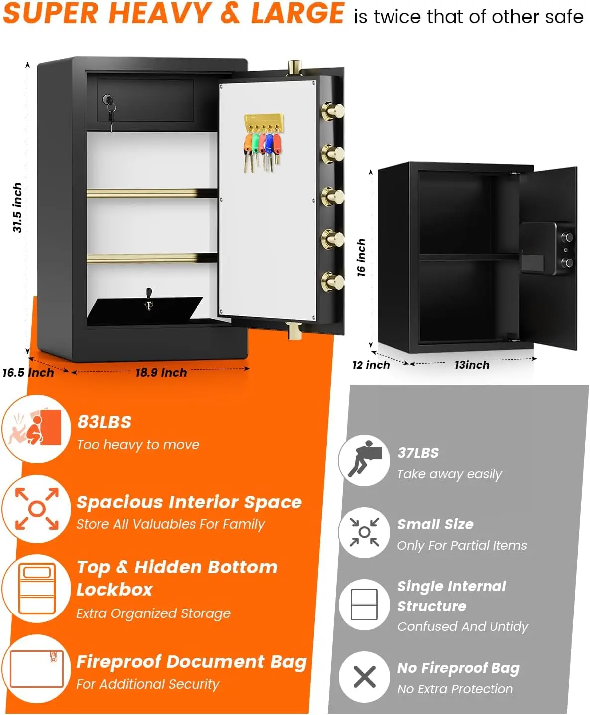 Super Grande Aço Segurança Home Safe Box, à prova de fogo saco impermeável, Heavy Duty Documento Cofres, chave programável do teclado