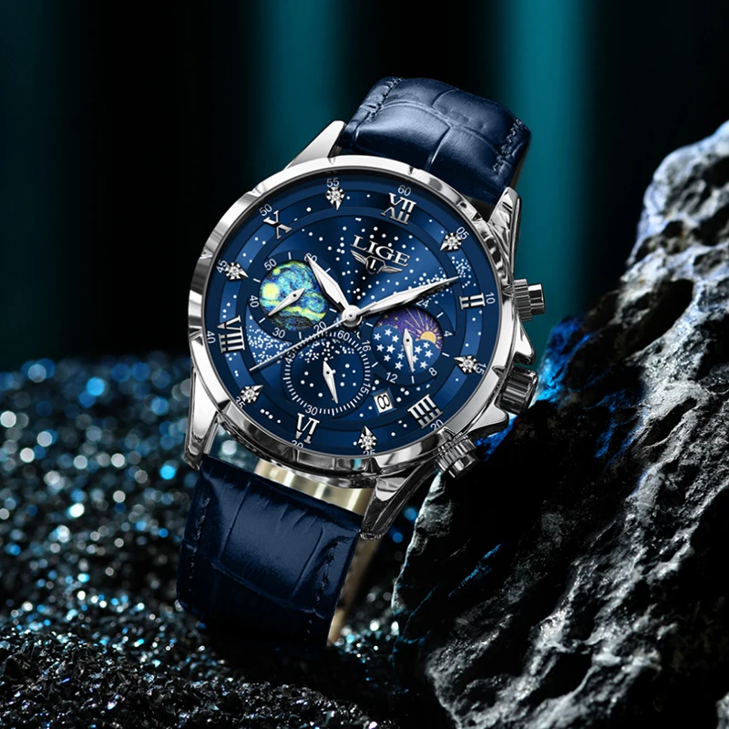 LIGE Casual Men Watch Blue Leather Waterproof Creative Luminous Dial Quartz Wristwatch Chronograph Military Watch for Men
