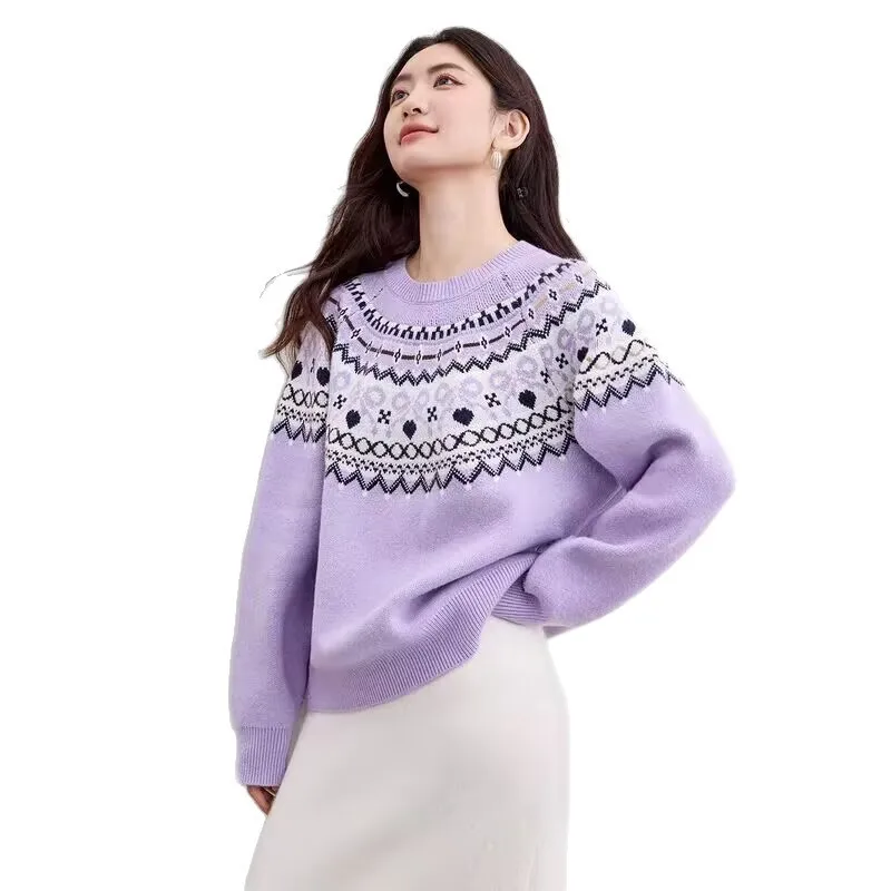 2025 Winter Clothes Comfortable Woman Pulls Femmes All-match Loose Simple Style Sweater Contrast Keeping Warm Vintage Commuting