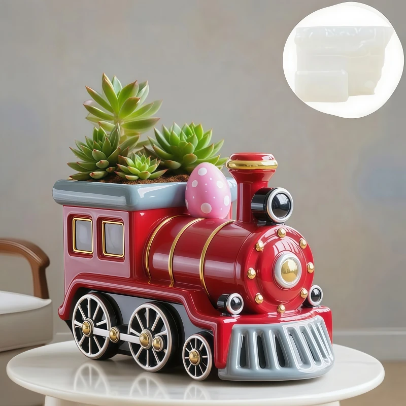 Locomotive succulent plant flowerpot resin silicone mold storage box concrete mould engine Train candle cup gypsum molds