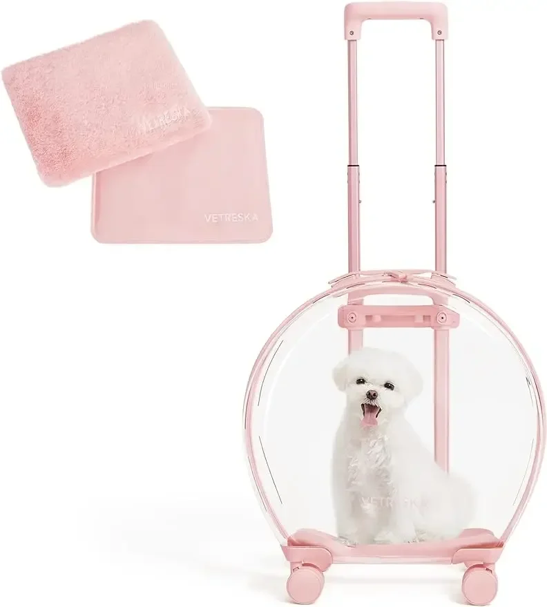 

VETRESKA Pet Carrier with 2 Mats, Pink Pet Transport Luggage with Wheels and Telescopic Handle