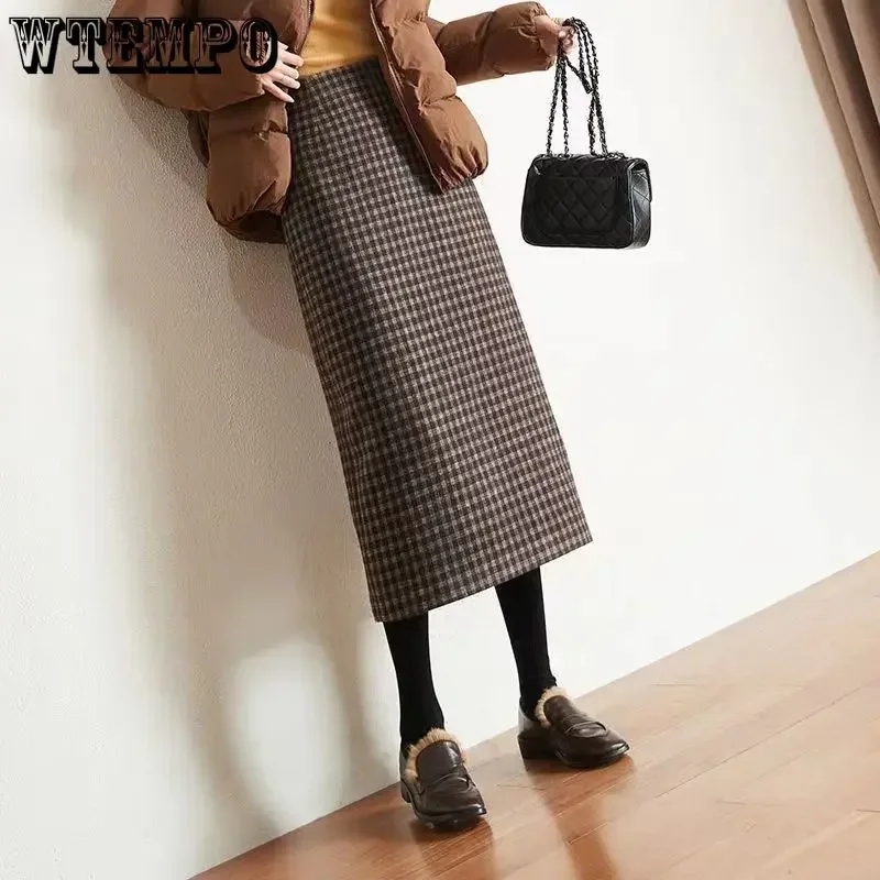 WTEMPO Classic Plaid Midi Skirts Women Autumn Vintage Elegant Office Ladies Behind Slit Designed All-match Harajuku Fashion