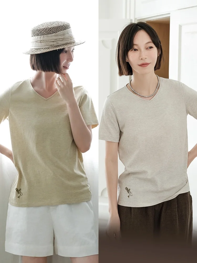 

Summer New Women's V-neck T-shirt Embroidered Floral Cotton Short Sleeve Casual Style Comfortable Fit Regular Length