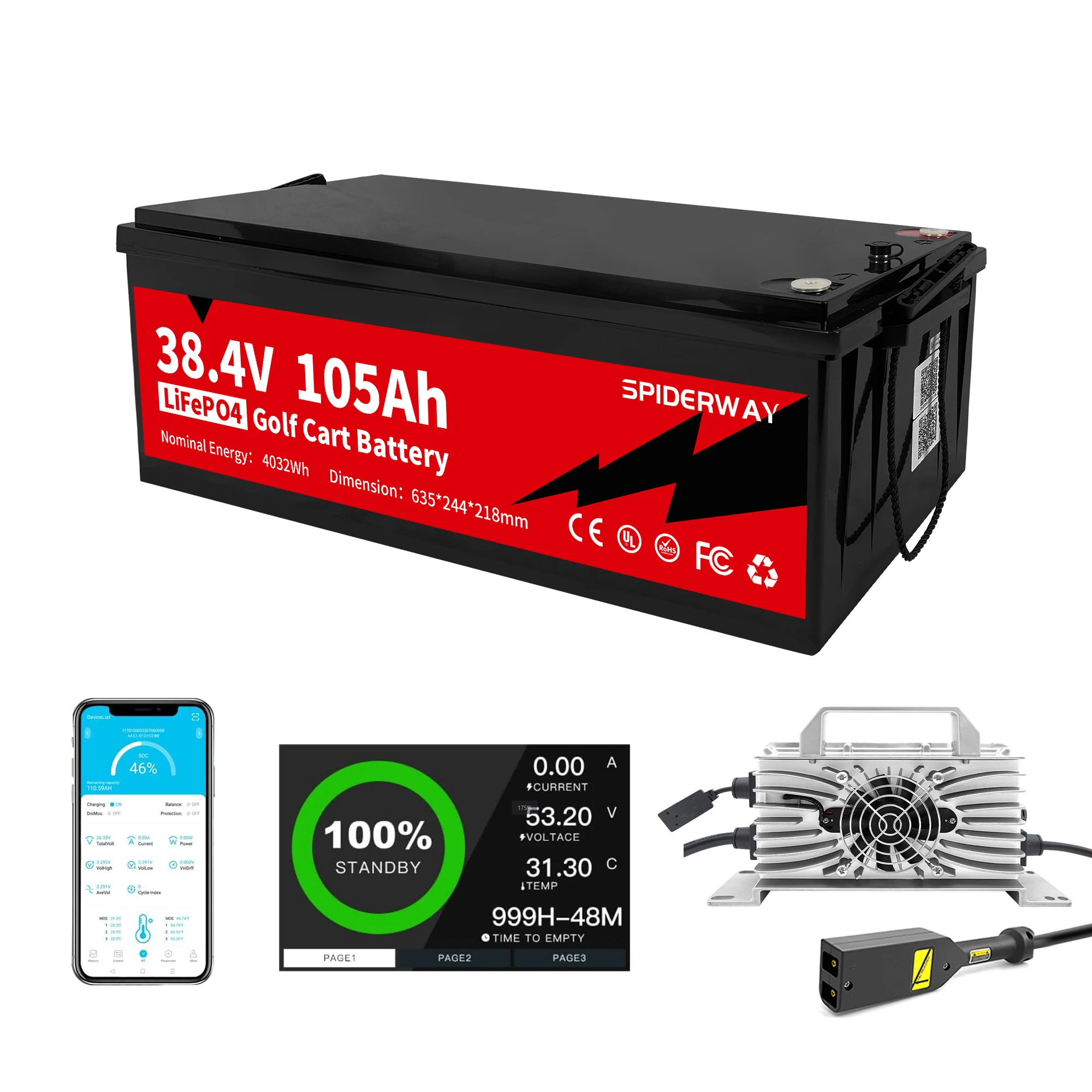 

36V 100Ah Golf Cart LiFePO4 Lithium Battery With 36V 25A Fast Charger Bluetooth 200A BMS for EZGO TXT 1985-2008 Golf Cart