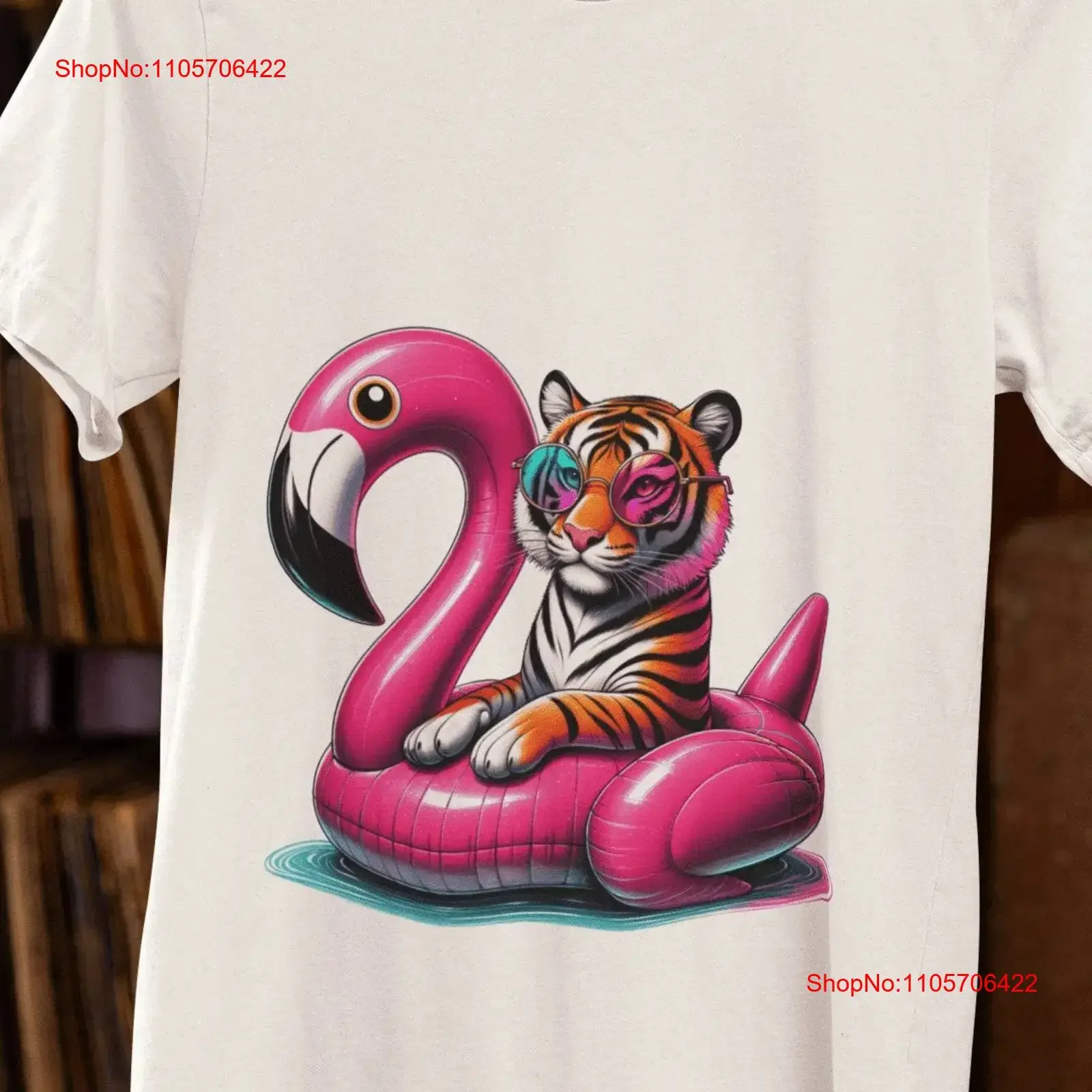 Tiger Print T Shirt on Flamingo Float Top Cool Vibrant Summer Beach Trendy Animal Design for Her Him vintage Washed Comfortable