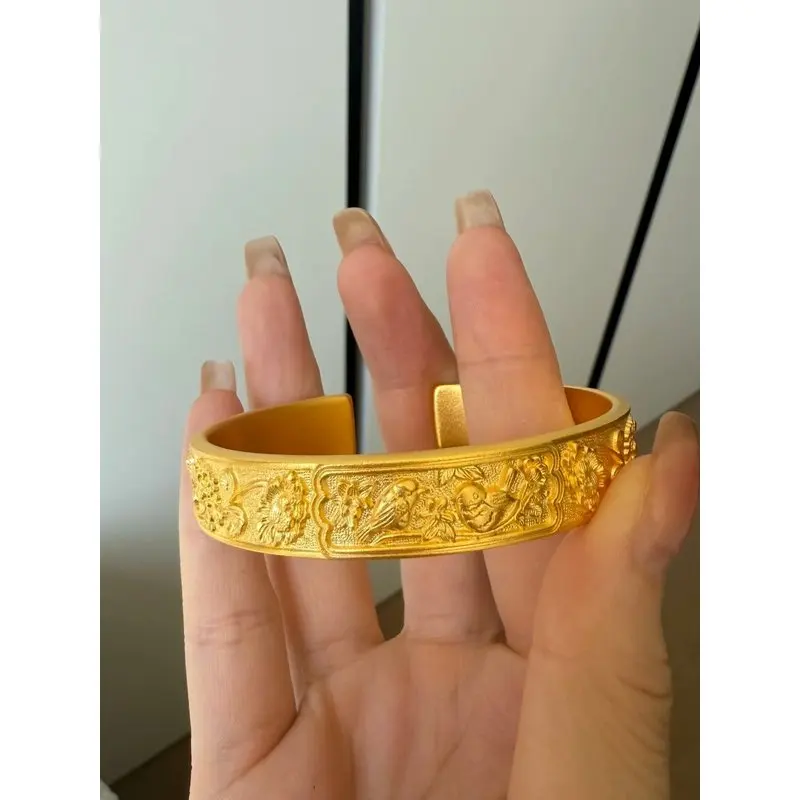 24k 999 gold bracelet with magpie and plum blossom motif, wide band bracelet, new Chinese style, ancient engraving, palace style