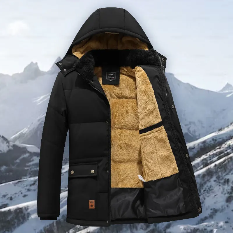 Casaco de puffer longo com capuz masculino, velo quente pesado, à prova de vento, peles artificiais forrado, acolchoado, grosso, neve, casaco de esqui, casacos de inverno