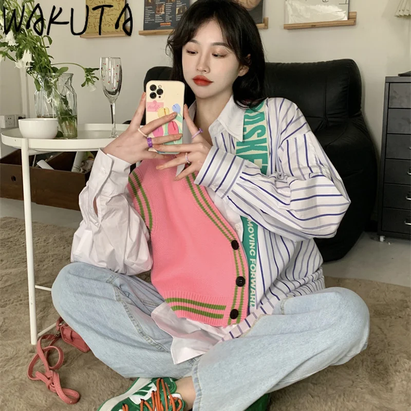 WAKUTA New Patchwork Striped Shirts Women Korean 2024 Spring Autumn Oversize Casual Streetwear Long Sleeve Fake 2 Piece Tops