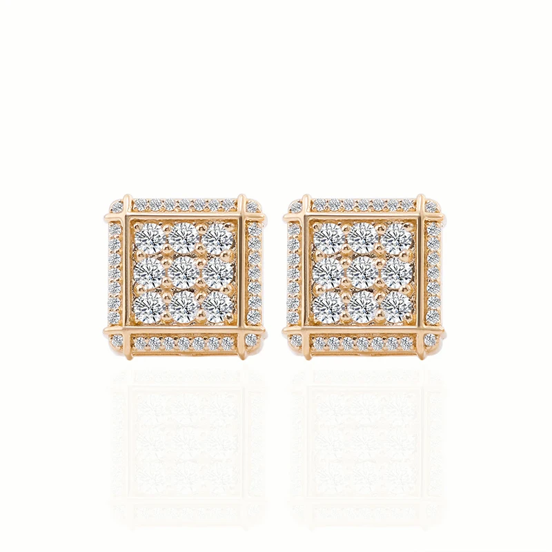 2021 New Square Stud Ear rings Yellow Gold Color Plated Silver DEF Moissanite Melee Stud Earrings for Men