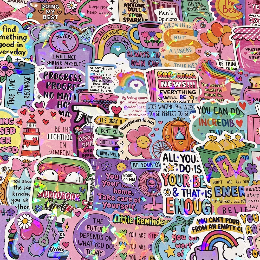 50PCS Holographic Shiny Stickers-Positive Motivational Word Glitter Stickers Suitable for Laptop Decoration E-Reader Accessories