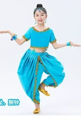 

Hot Sale Kids Belly Dance Set Halloween Performance Indian Dance Top+Pants Arabic Princess Dress Girl Aladdin Cosplay Dress